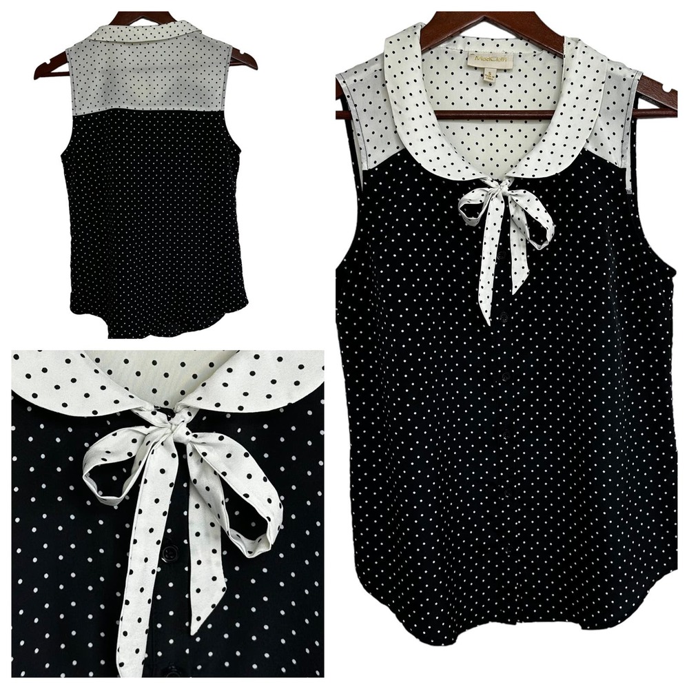 ModCloth Coquette Polka Dot Sleeveless Top Size Small Black White Bow Girly